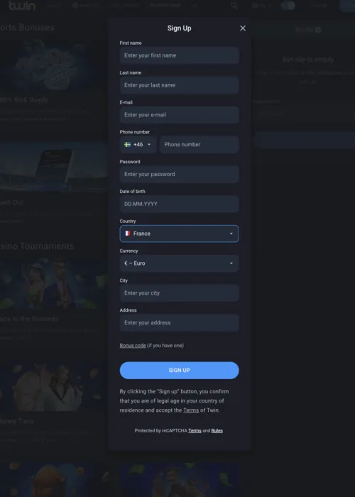 Création profil joueur instantané Twin Casino